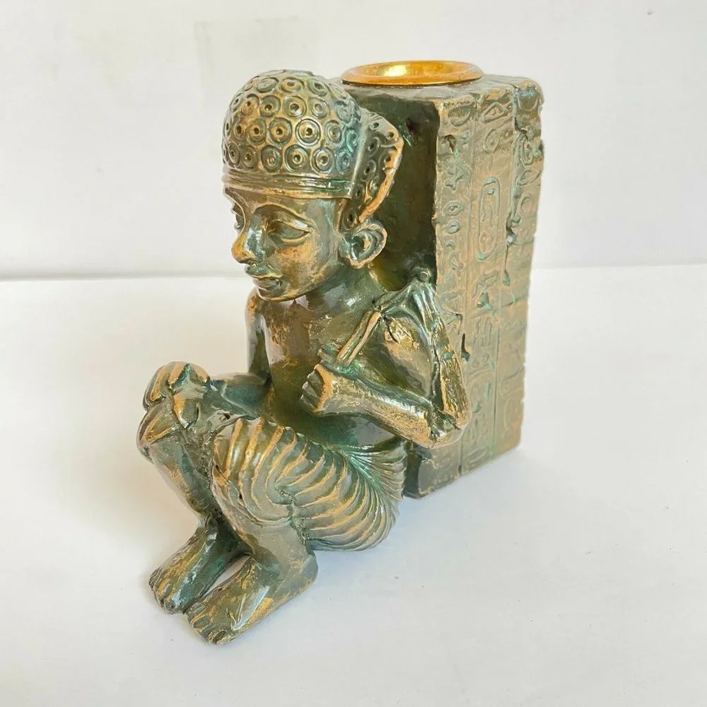 Hand Painted Egyptian Hieroglyphs Candlestick Candle Holder Pharaoh Decor MCM